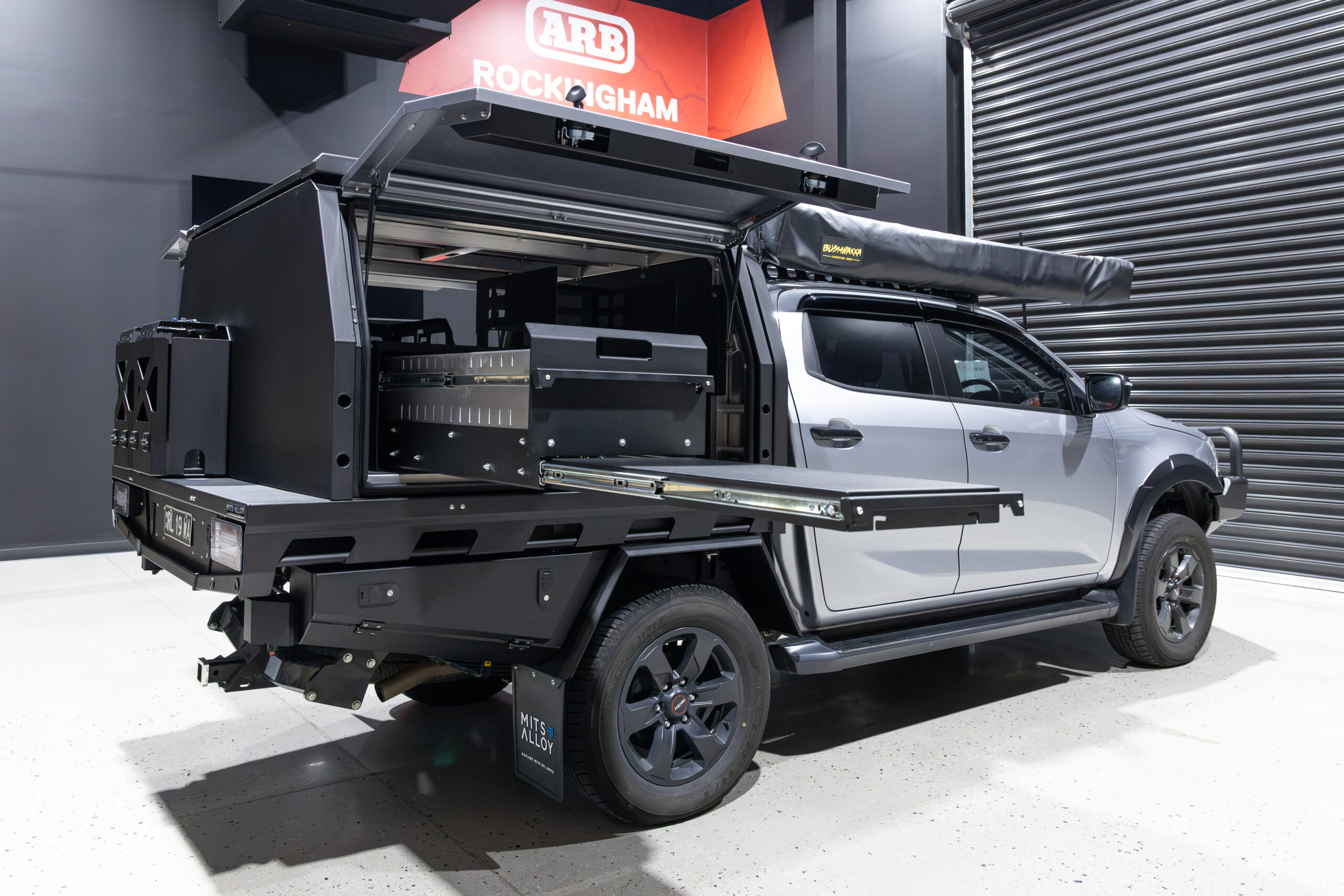 ISUZU D-MAX IN ARB ROCKINGHAM HANDOVER BAY WITH A MITS ALLOY CANOPY AND TRAY PACKAGE
