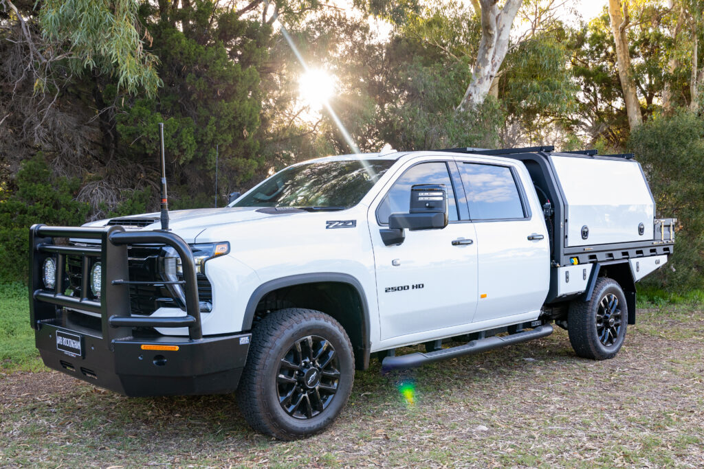 Chris's Chevrolet Silverado 2500 with MITS alloy tray and canopy, Redarc electrical system, Bushman upright fridge, long-range fuel tank and touring accessories