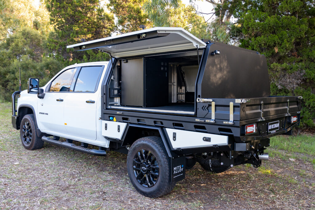 Chris's Chevrolet Silverado 2500 with MITS alloy tray and canopy, Redarc electrical system, Bushman upright fridge, long-range fuel tank and touring accessories