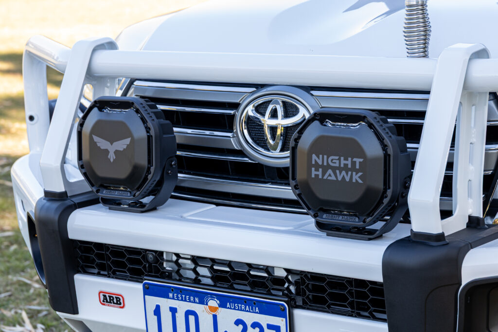 Night Hawk LED driving lights mounted to the ARB Summit bull bar on a Toyota LandCruiser 200 Series.