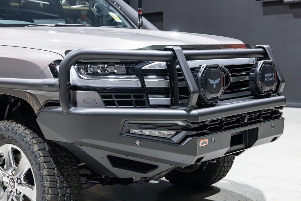 Close up of the ARB Summit MKII Bull Bar and Bushranger Nighthawk driving lights fitted to Rick's Toyota LandCruiser 300 Series.