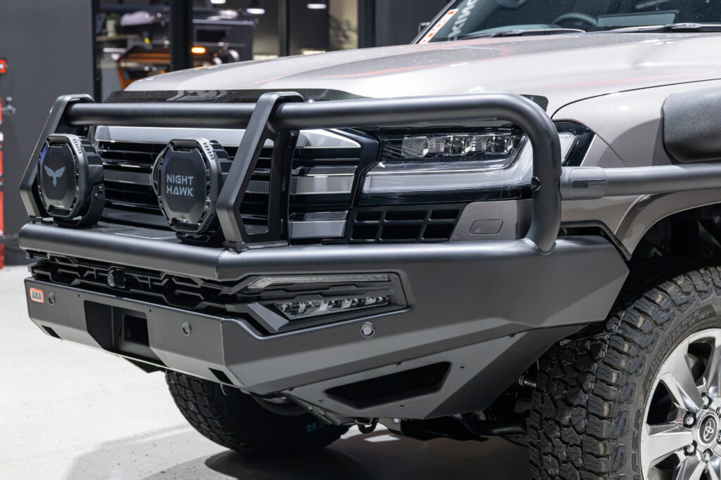 Close up of the ARB Summit MKII Bull Bar and Bushranger Nighthawk driving lights fitted to Rick's Toyota LandCruiser 300 Series.