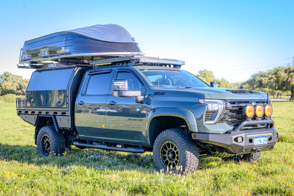 Chevrolet Silverado 2500 touring build featuring a MITS Alloy tray and canopy, Redarc electrical system, Bushranger accessories and premium touring upgrades by ARB Rockingham.