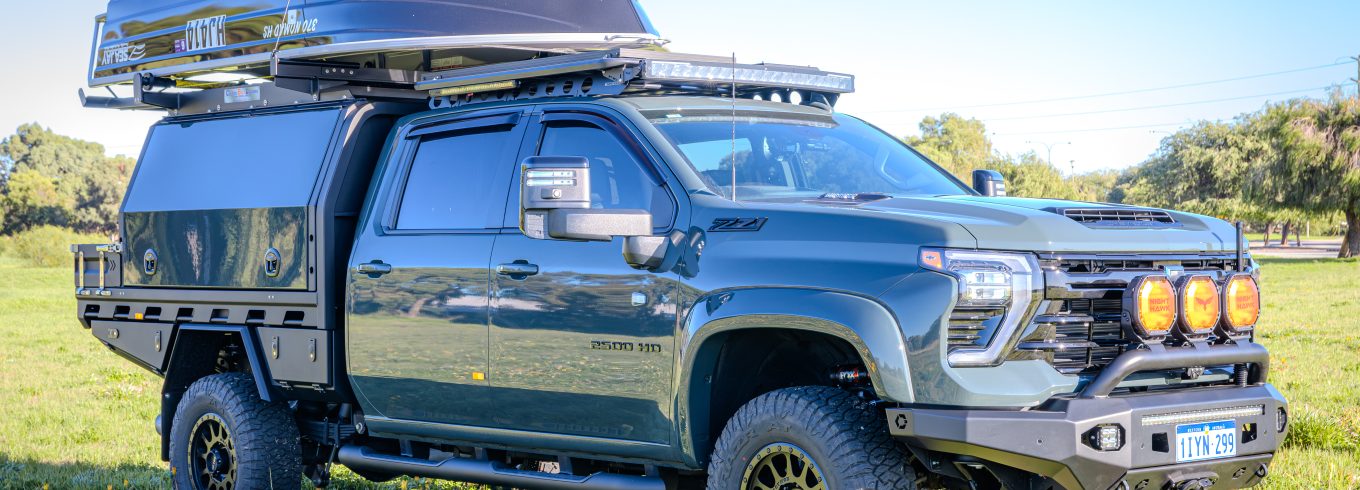Chevrolet Silverado 2500 touring build featuring a MITS Alloy tray and canopy, Redarc electrical system, Bushranger accessories and premium touring upgrades by ARB Rockingham.