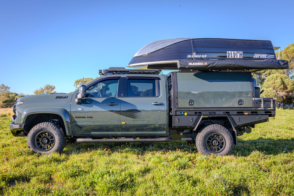 Chevrolet Silverado 2500 touring build featuring a MITS Alloy tray and canopy, Redarc electrical system, Bushranger accessories and premium touring upgrades by ARB Rockingham.