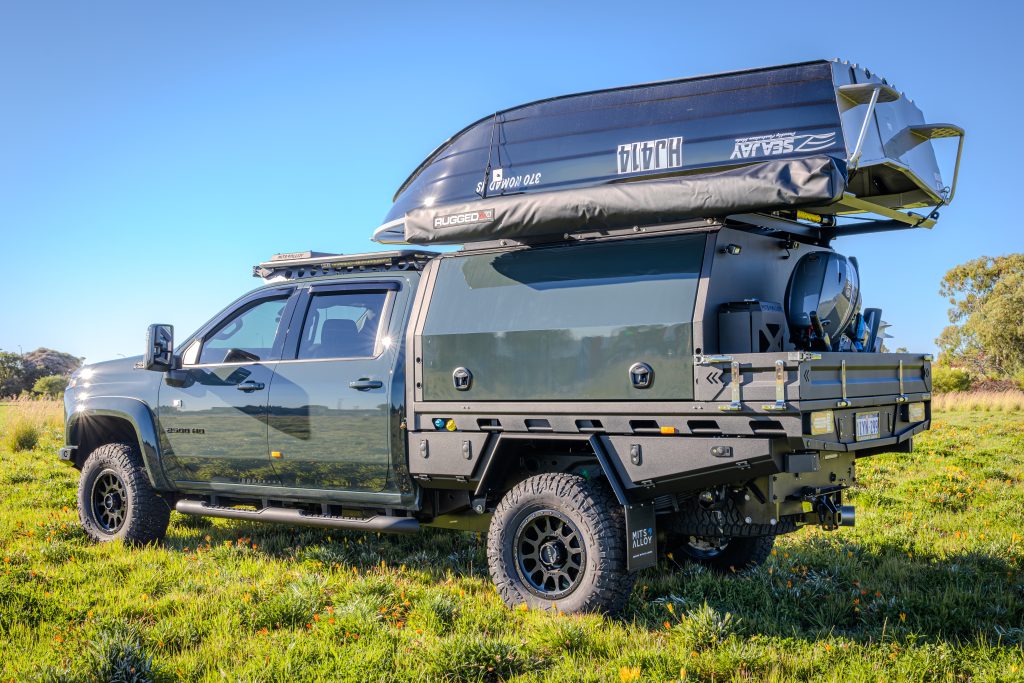Chevrolet Silverado 2500 touring build featuring a MITS Alloy tray and canopy, Redarc electrical system, Bushranger accessories and premium touring upgrades by ARB Rockingham.
