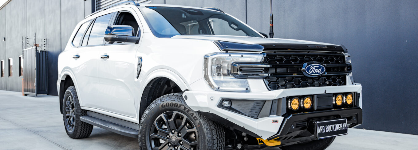White Ford Everest fitted with a colour coded ARB Zenith Bull Bar and ARB Nacho lights at ARB Rockingham