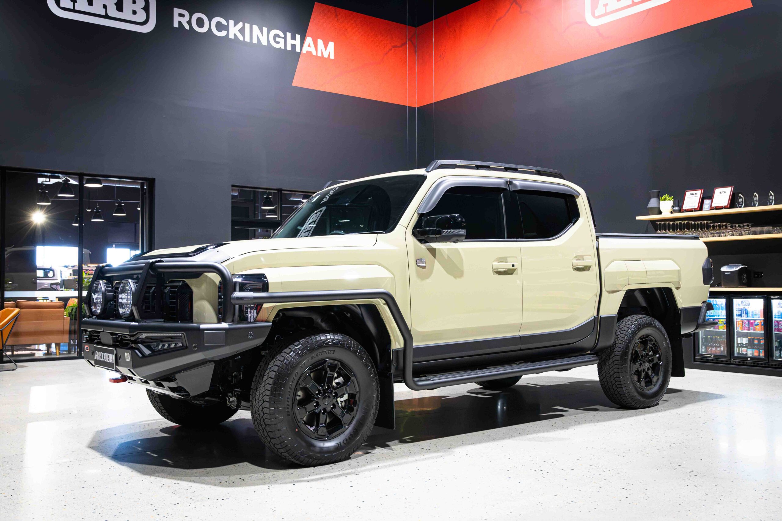 Kia Tasman fitted with ARB protection, Old Man Emu suspension, Bushranger driving lights and Hayman Reese X-Bar