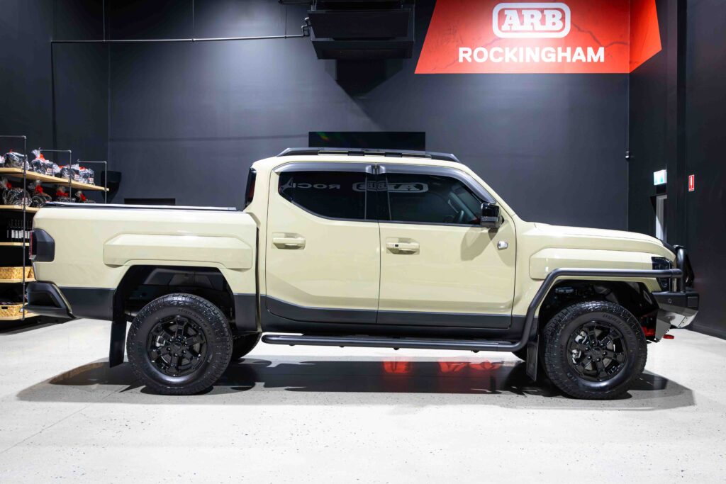 Kia Tasman fitted with an ARB Summit MKII Bull Bar, side rails, recovery point, MT-64 suspension and Bushranger driving lights