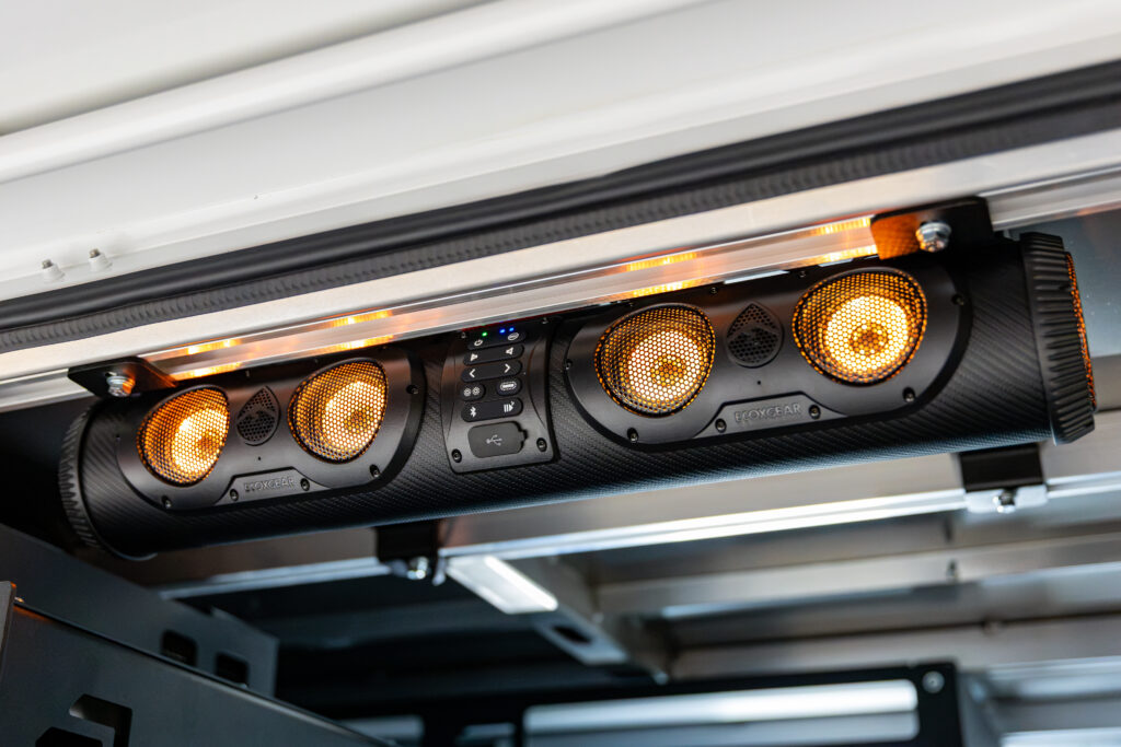 ECOXGEAR SE26 speaker mounted inside the MITS Alloy canopy on Neal’s Chevrolet Silverado 2500