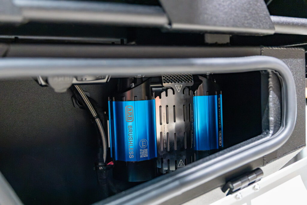 ARB Brushless Twin air compressor mounted inside a MITS Alloy undertray toolbox on Neal’s Chevrolet Silverado 2500