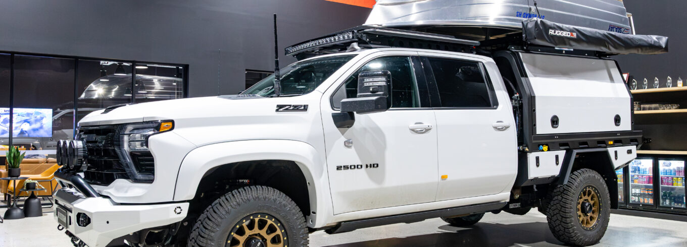 Chevrolet Silverado 2500 fitted with a MITS Alloy tray and canopy touring setup at ARB Rockingham
