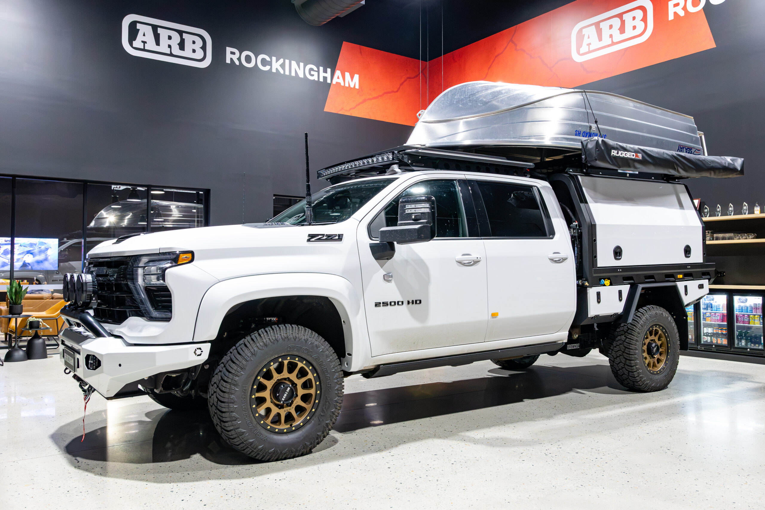 Chevrolet Silverado 2500 fitted with a MITS Alloy tray and canopy touring setup at ARB Rockingham
