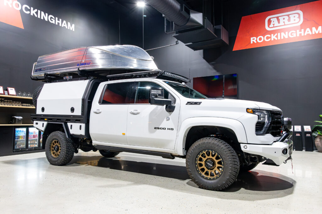 Chevrolet Silverado 2500 fitted with a MITS Alloy tray and canopy touring setup at ARB Rockingham