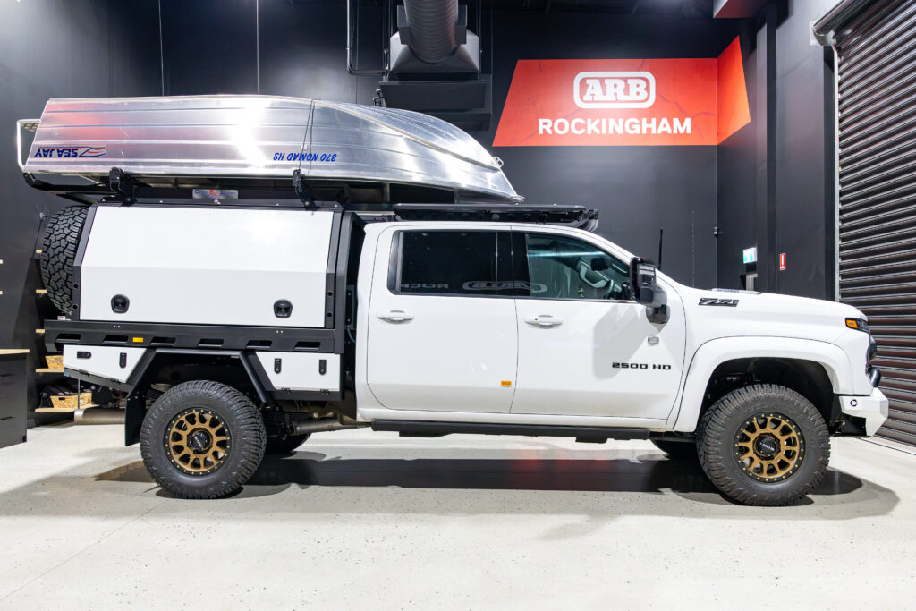 Chevrolet Silverado 2500 fitted with a MITS Alloy tray and canopy touring setup at ARB Rockingham