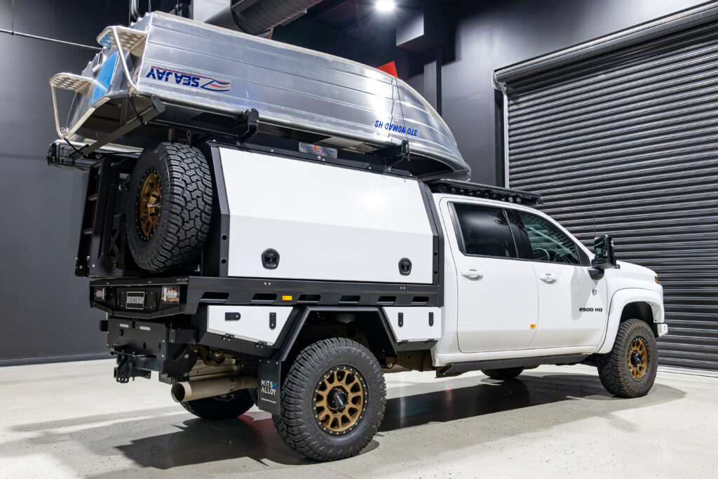 Chevrolet Silverado 2500 fitted with a MITS Alloy tray and canopy touring setup at ARB Rockingham