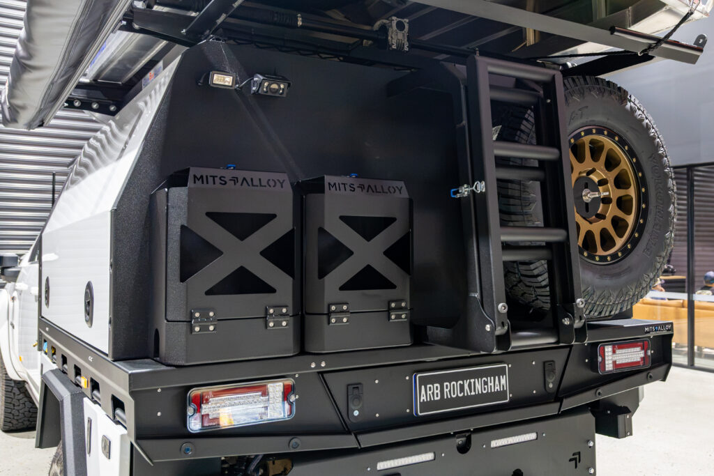 MITS Alloy rear wall setup with two jerry can holders, spare wheel carrier and long fold down ladder on Neal’s Chevrolet Silverado 2500