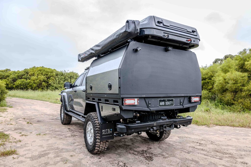 Rear view of the MITS Alloy canopy and tray setup fitted to the Ford Super Duty