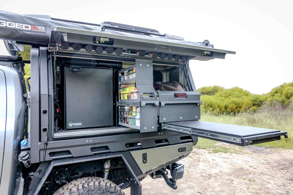 Ford Super Duty MITS Alloy canopy with Bushman fridge, pantry, storage drawers and extended table
