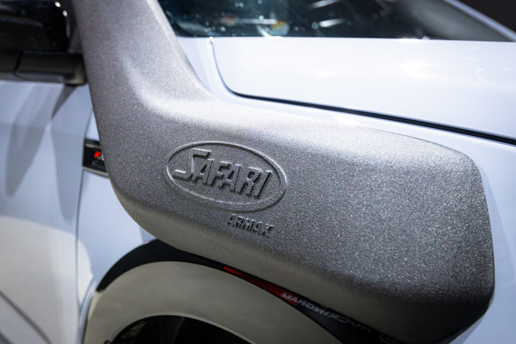 Close-up of the Safari ARMAX snorkel fitted to the front guard of an Isuzu MU-X