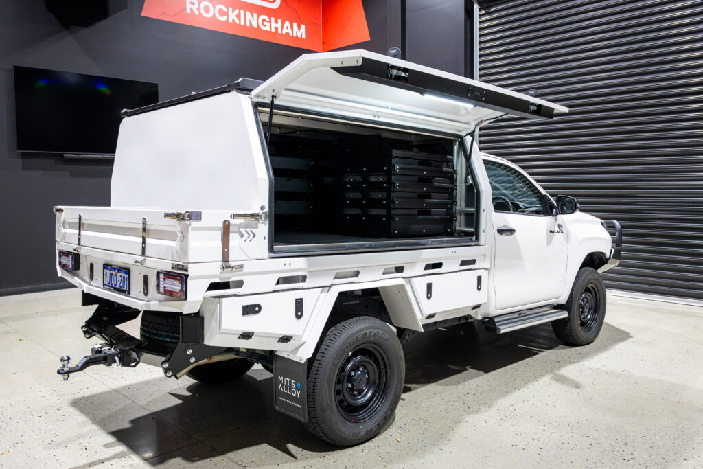 Toyota Hilux N90 tradie build with MITS Alloy tray and canopy, ARB Summit MKII Bull Bar, suspension and touring accessories fitted by ARB Rockingham